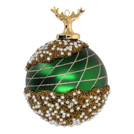 Glob de brad cu ren si perlute verde /auriu10,5x10,5x13,5 cm