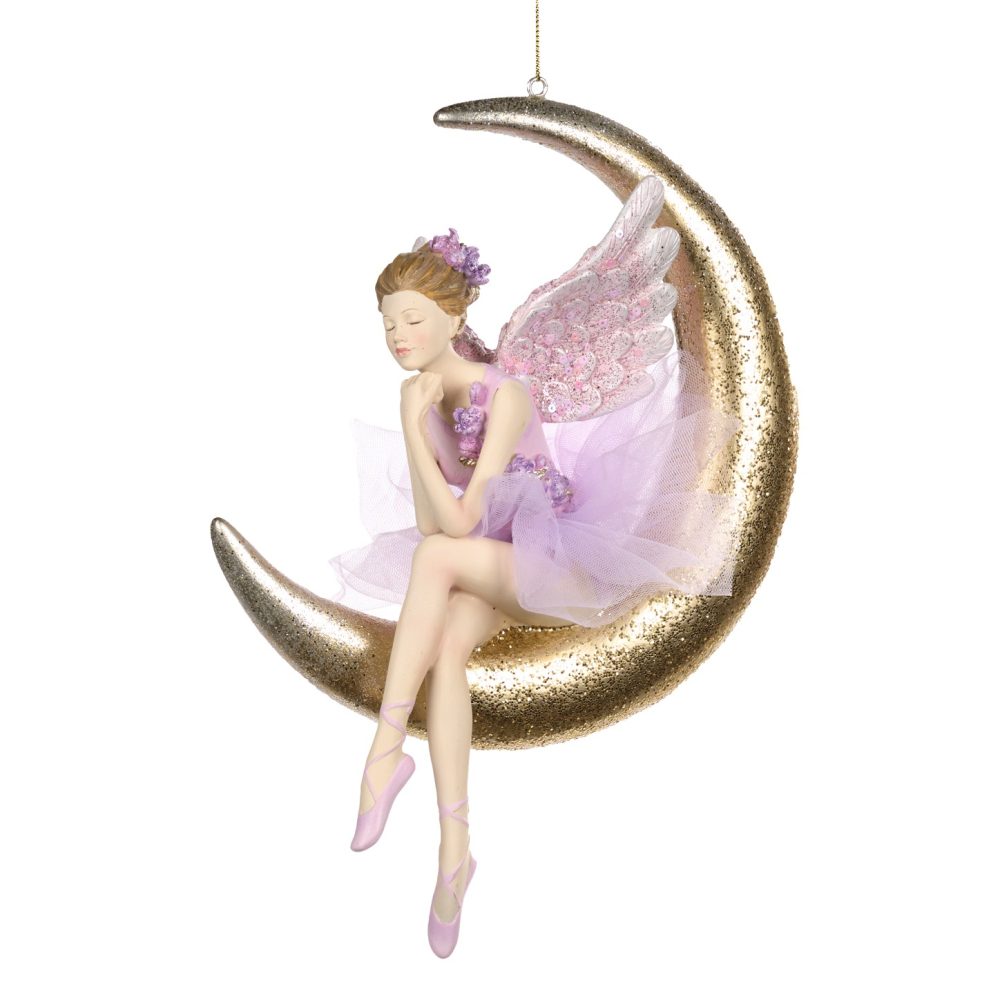 Ornament Zana balerina asezata pe luna auriu/mov 26cm