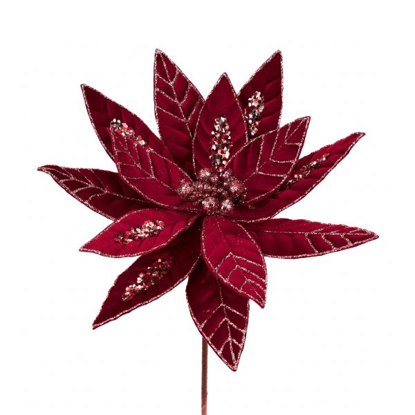 Crăciuniță din tesut cu sclipici si tulpina, 34cm burgundie/șampanie