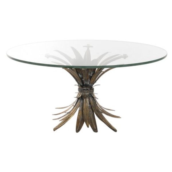 Masă de sticlă cu picior metalic în foi aurii, d45;h22cm