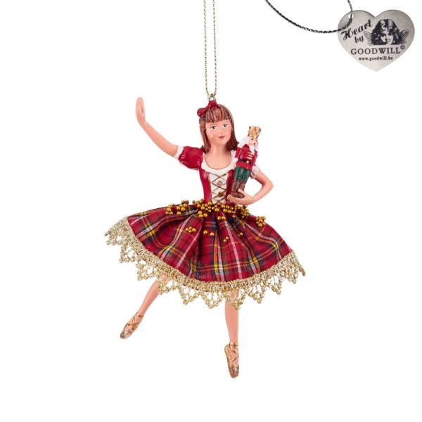 Ornament balerina Spargatorul de nuci tartan rosu/auriu 13 cm