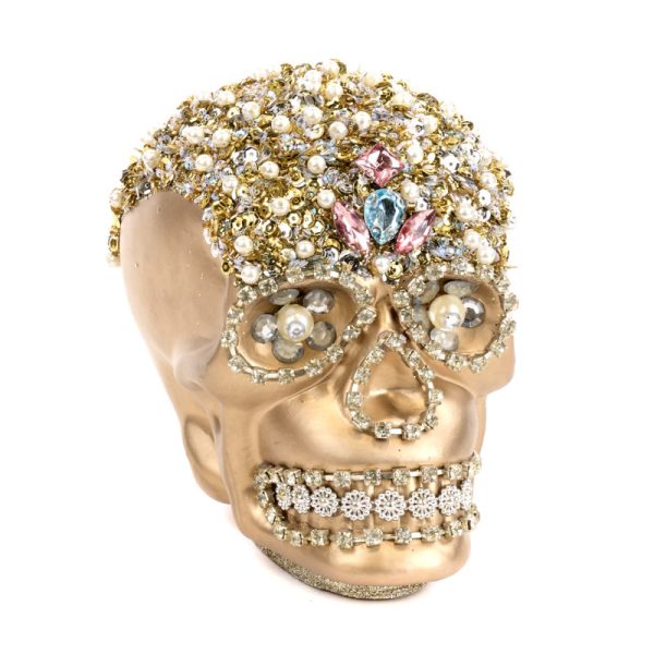 Decoratiune craniu din sticla si perle din colectia Jewel sampanie/crem/roz 16,5 cm