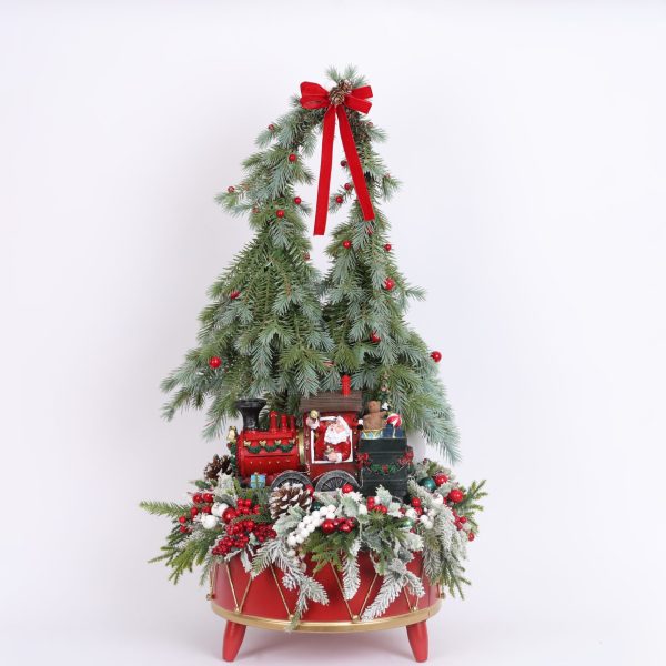 Aranjament decorativ de Crăciun cu 2 brazi și trenuleț, 38cm