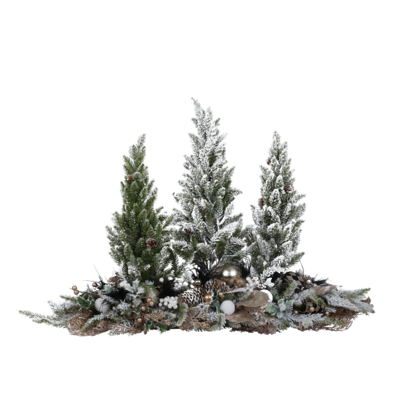 Aranjament decorativ cu brăduți și conuri, alb/verde, 85x56cm