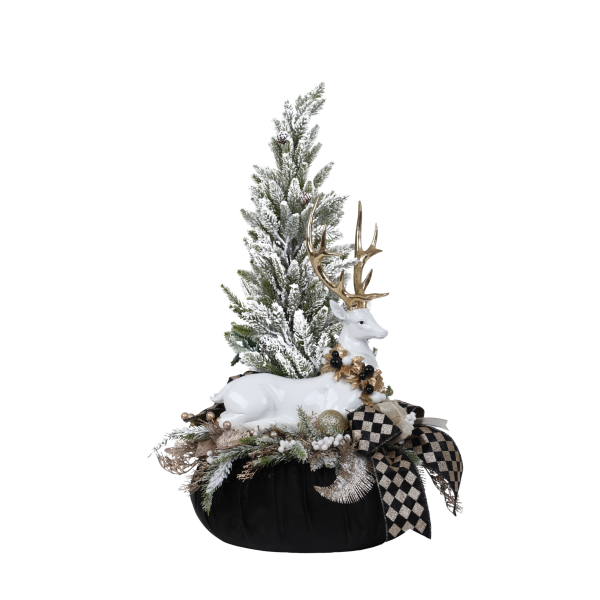 Aranjament decorativ de Crăciun cu brăduț și ren, negru/alb/auriu, 70x35cm